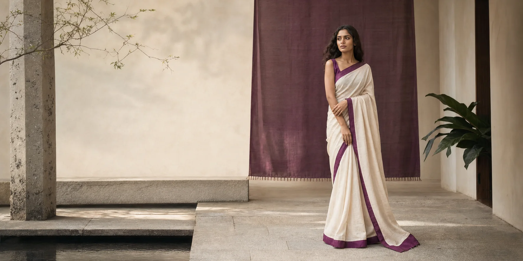 Woman in an ivory saree with an aubergine border in a quiet courtyard